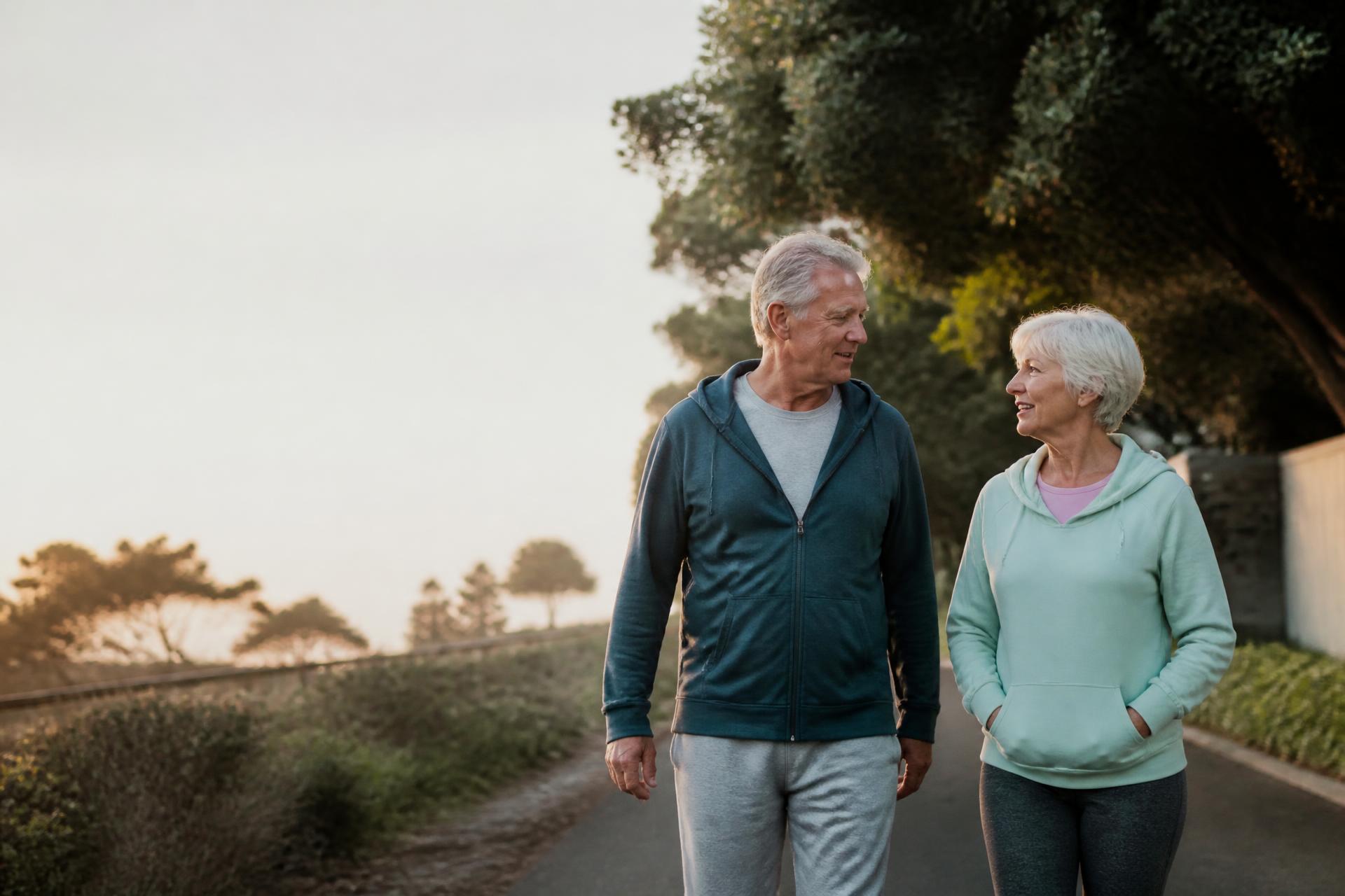 An older couple walking together along a quiet path in early morning light, talking