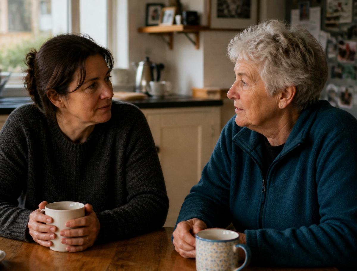 Two family members talking over mugs of tea at a kitchen table