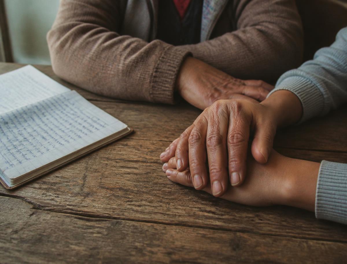 Two people's hands resting together on a wooden table beside an open notebook